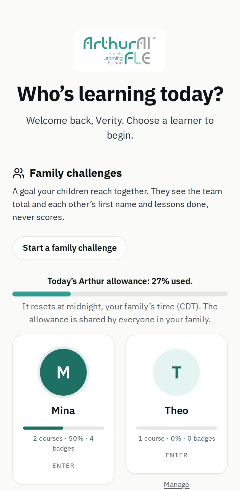 Phone screen titled “Who’s learning today?” with a family challenges panel, a bar showing today’s family allowance at 27 percent used, and cards for two children, Mina with 2 courses, 50 percent and 4 badges, and Theo with 1 course, 0 percent and 0 badges.
