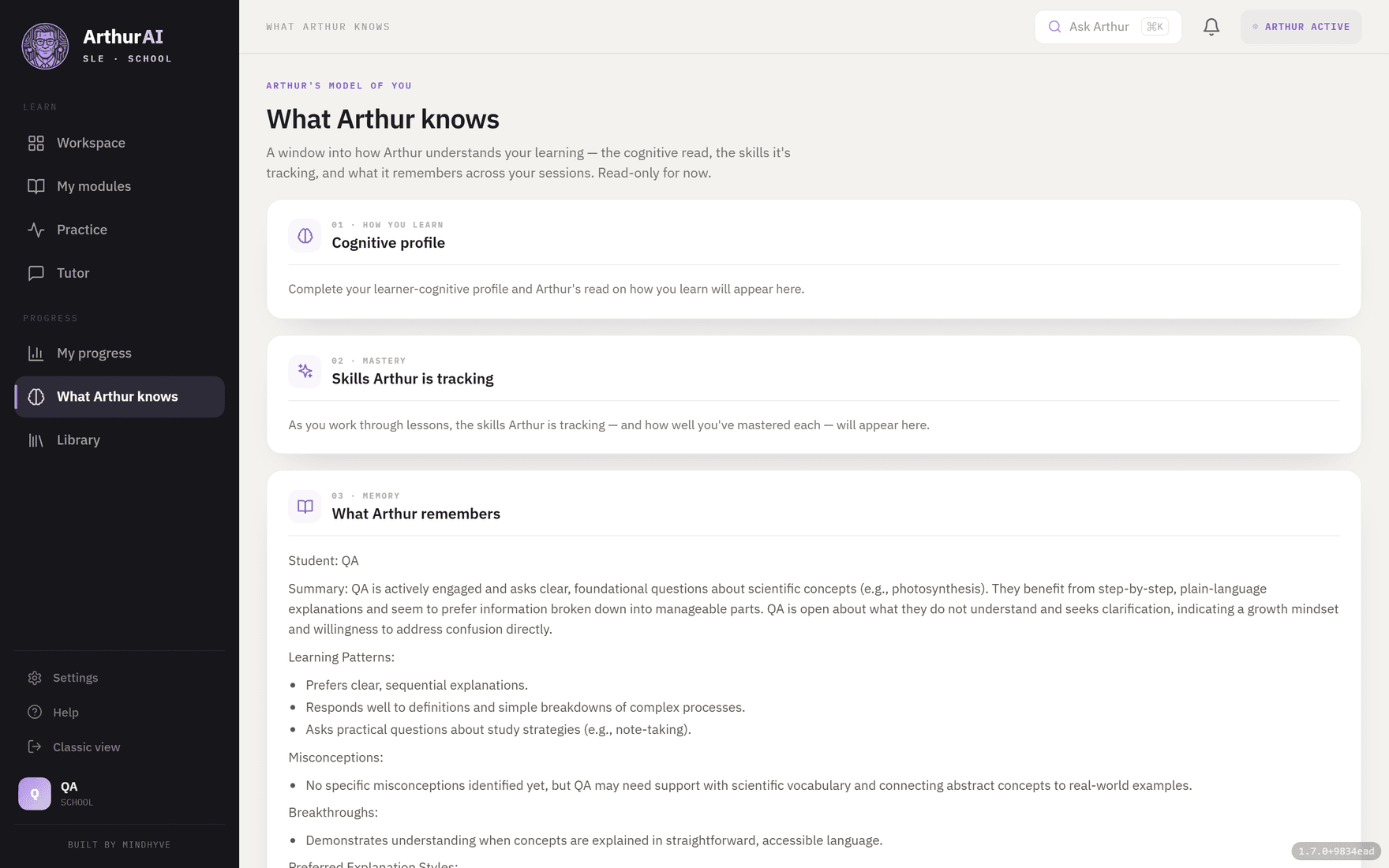 ArthurAI SLE — The learner model, made visible.