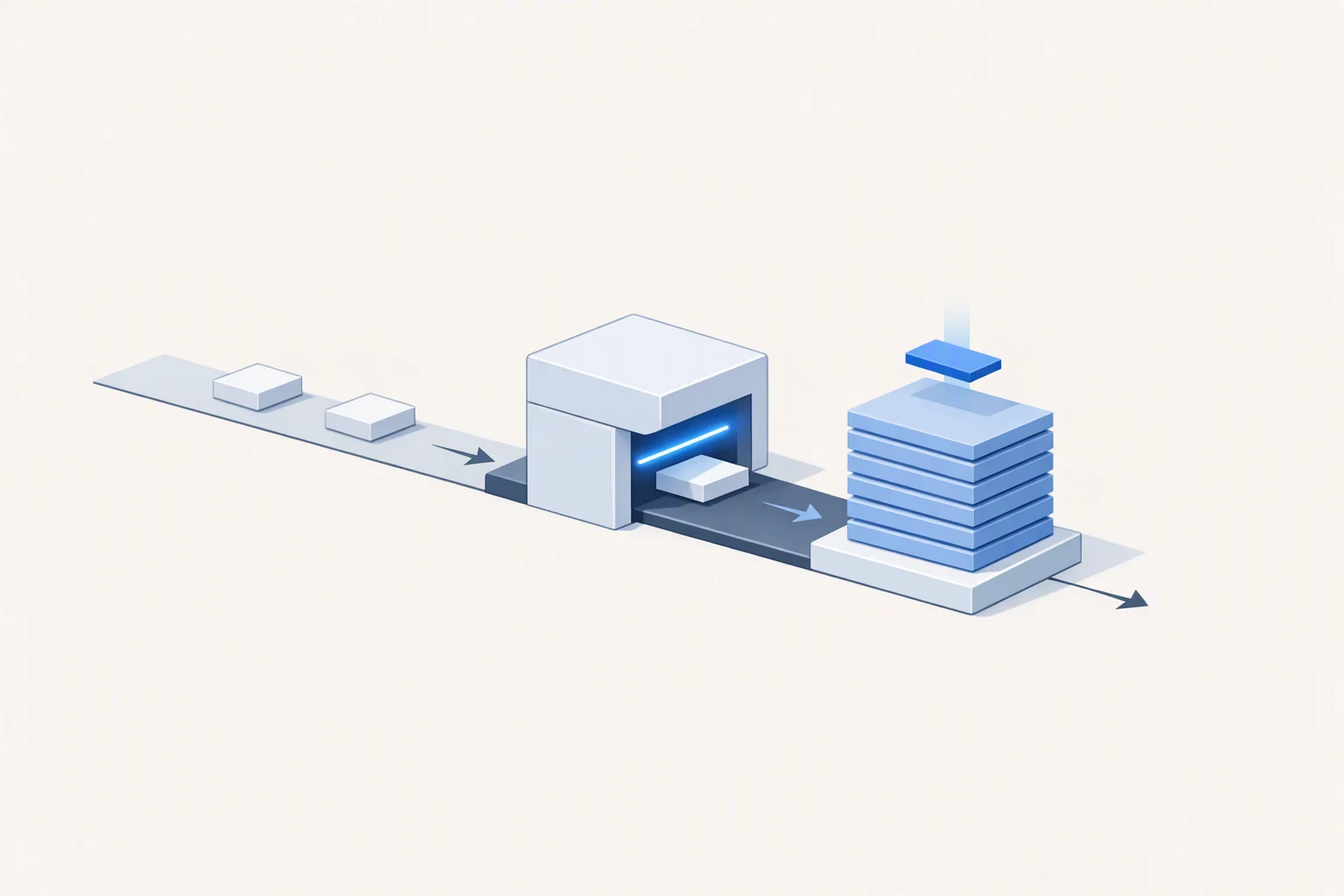 Isometric diagram: a process line with a mandatory verification gate writing a record to an accumulating ledger at each pass