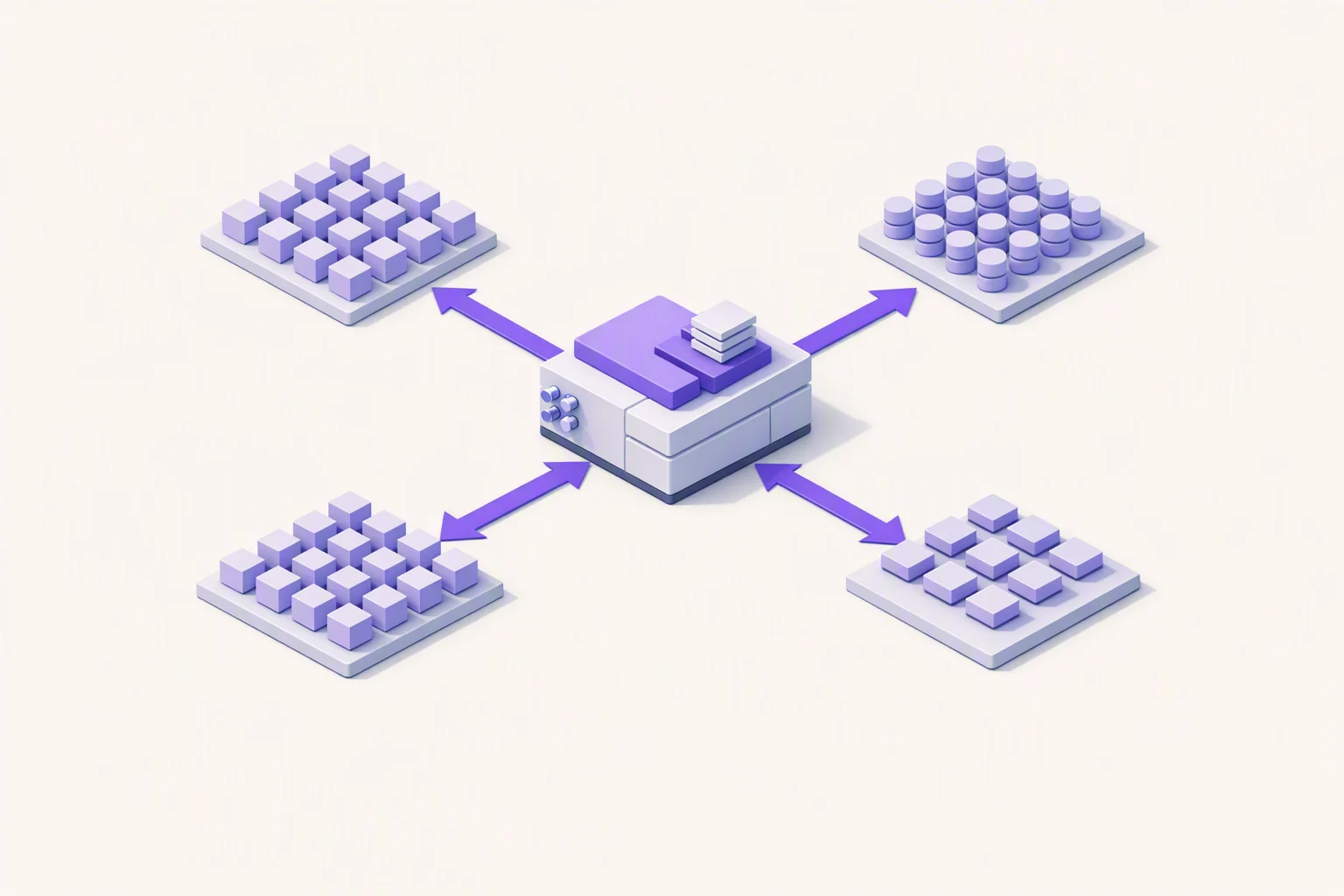 Isometric diagram: one central engine serving several clusters, each containing many uniform learner units