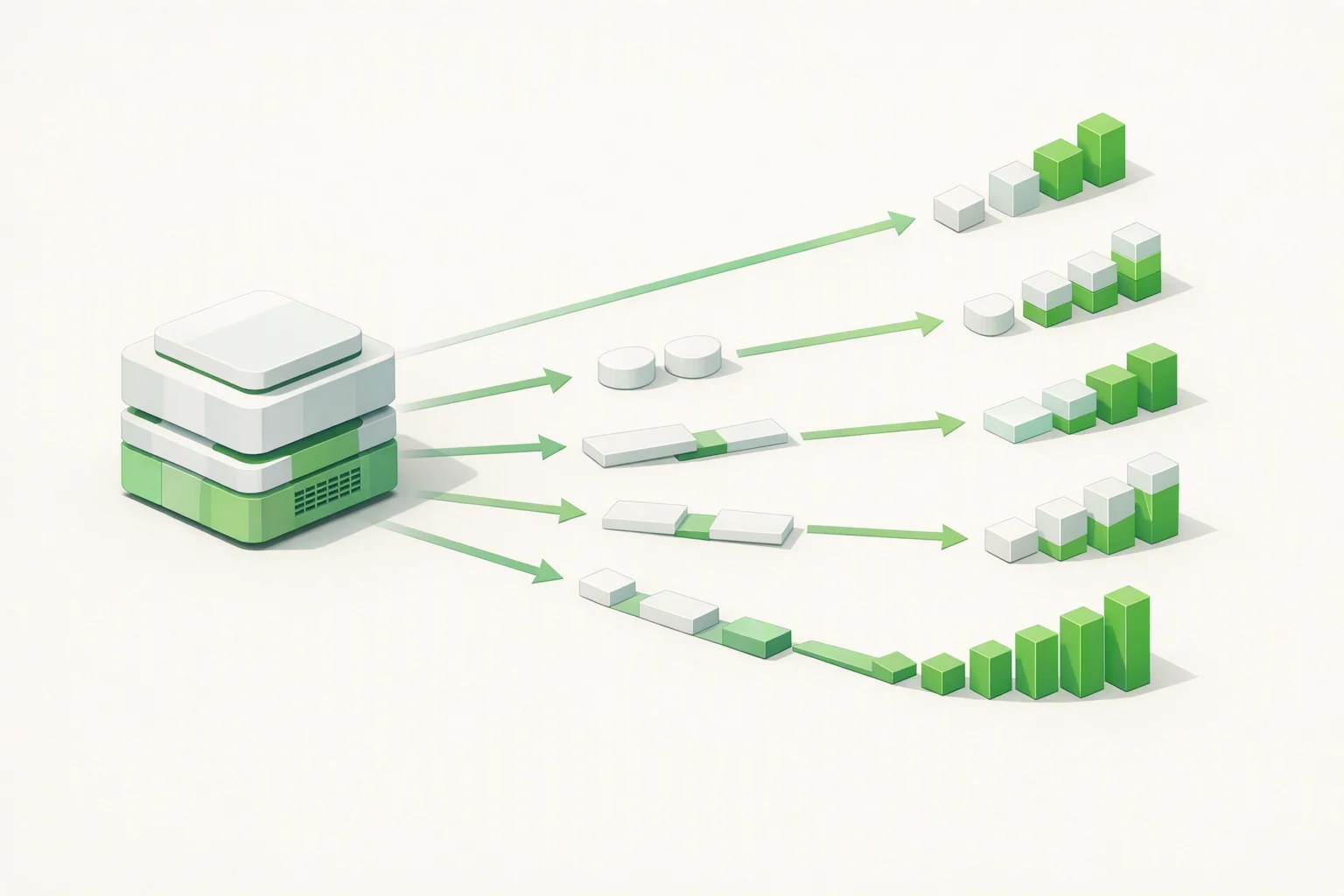 Isometric diagram: a core engine feeding many programme paths of differing depth and length